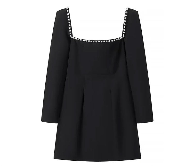 Elegant Velvet Fitted Diamond-Embellished Long-Sleeve Short Hemline Dress