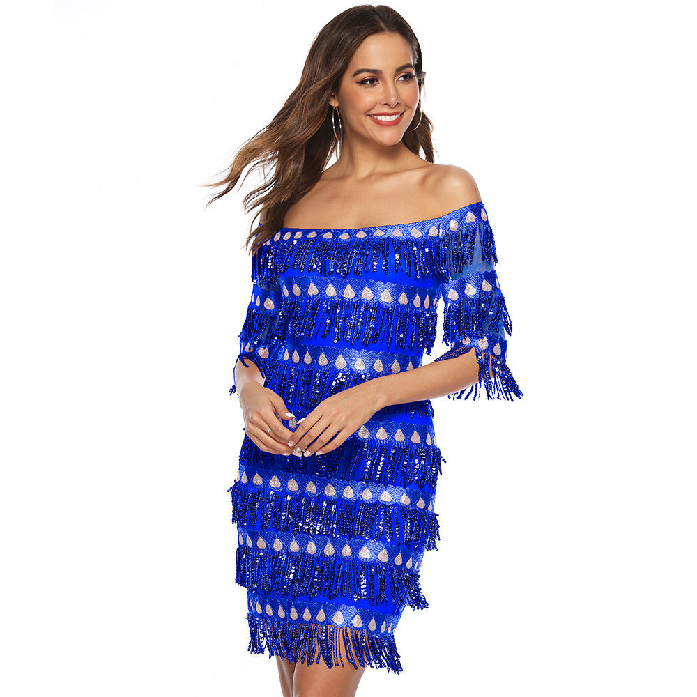 Sexy Off The Shoulder Sequins Party Dresses-Party Dresses-Blue-XS-Free Shipping at meselling99