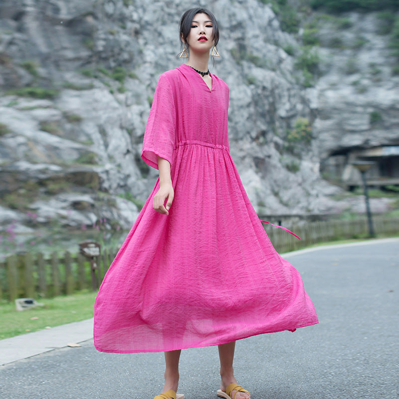 Casual Linen Half Sleeves Drawstring Long Cozy Dresses-Dresses-Free Shipping at meselling99