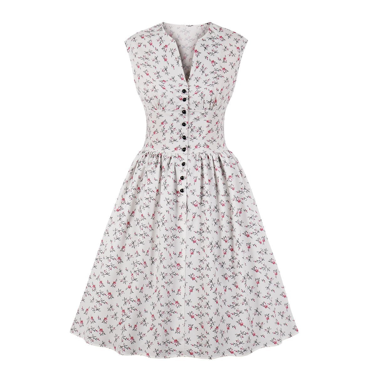 Women V Neck Floral Print High Waist Vintage Dresses with Button-Vintage Dresses-Free Shipping at meselling99