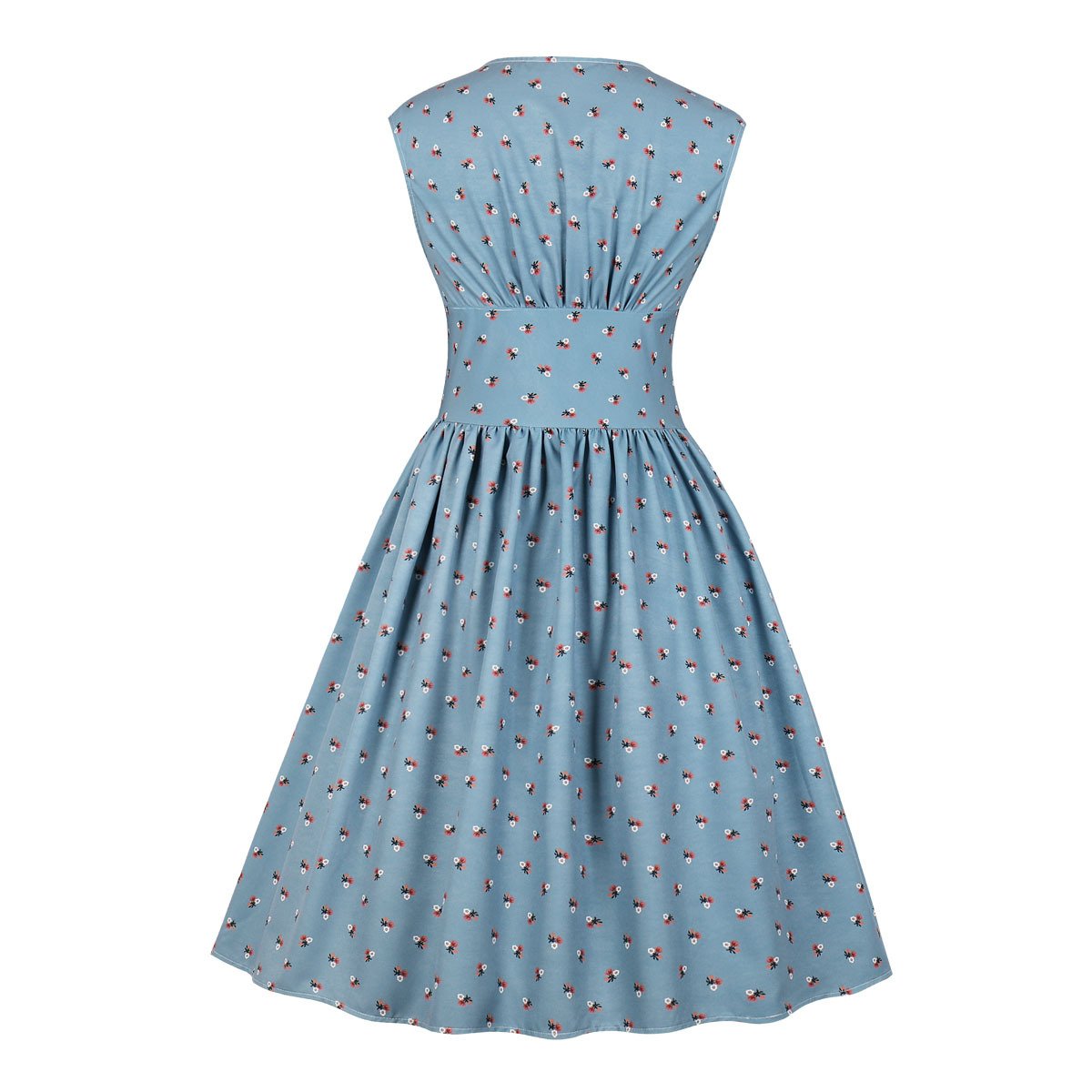 Women V Neck Floral Print High Waist Vintage Dresses with Button-Vintage Dresses-Free Shipping at meselling99