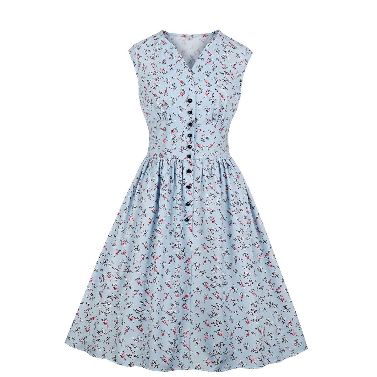 Women V Neck Floral Print High Waist Vintage Dresses with Button-Vintage Dresses-Free Shipping at meselling99