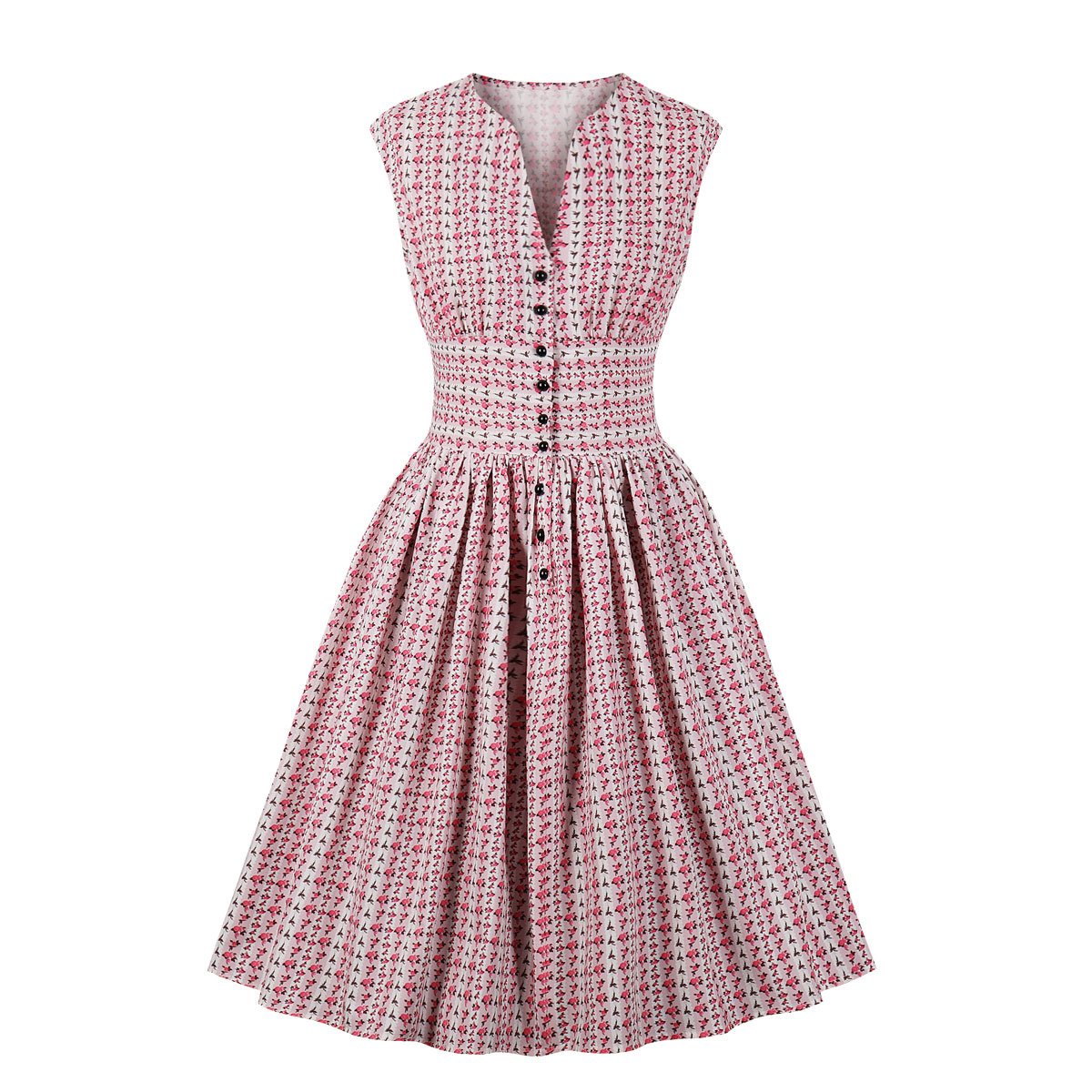 Women V Neck Floral Print High Waist Vintage Dresses with Button-Vintage Dresses-Pink-S-Free Shipping at meselling99