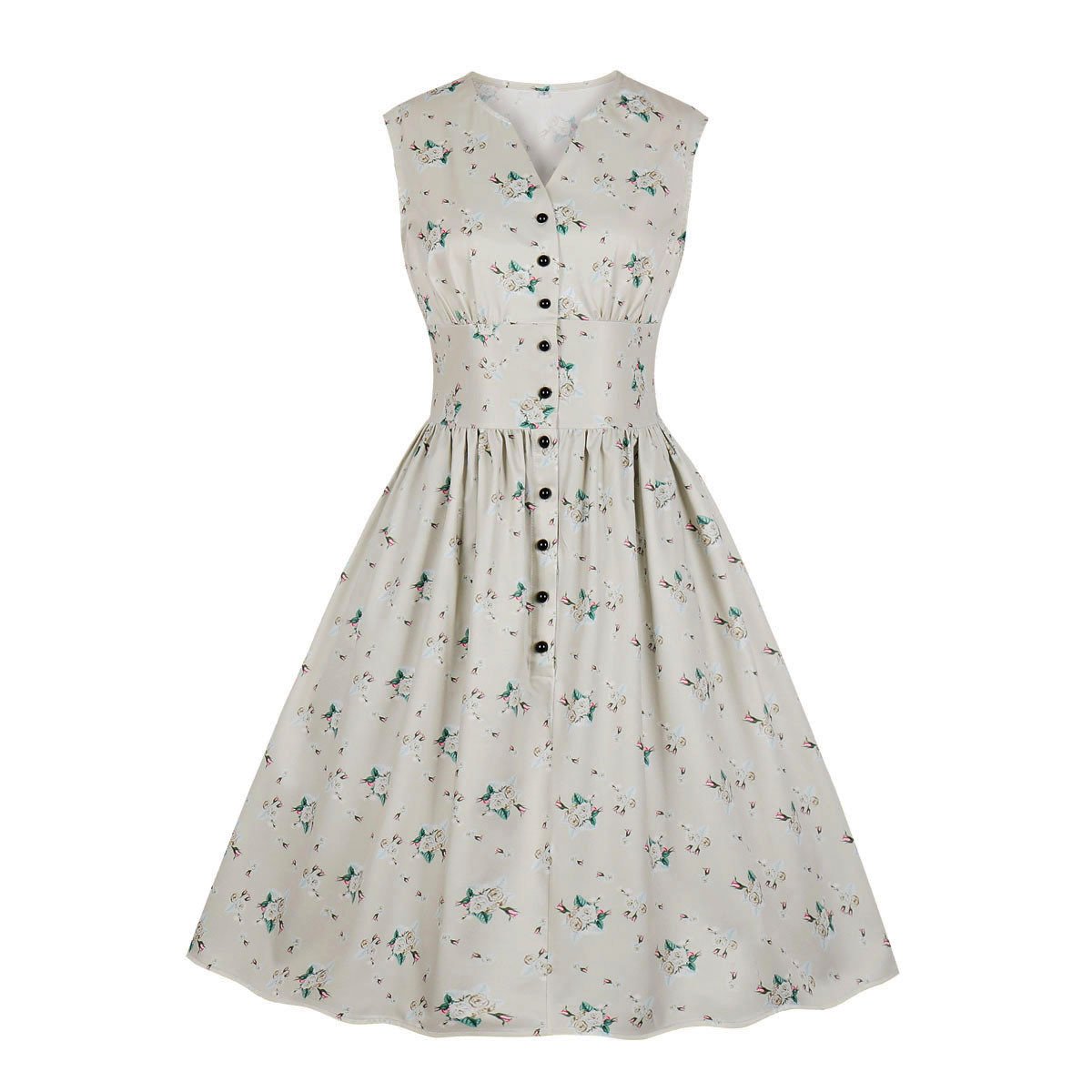 Women V Neck Floral Print High Waist Vintage Dresses with Button-Vintage Dresses-Apricot-S-Free Shipping at meselling99