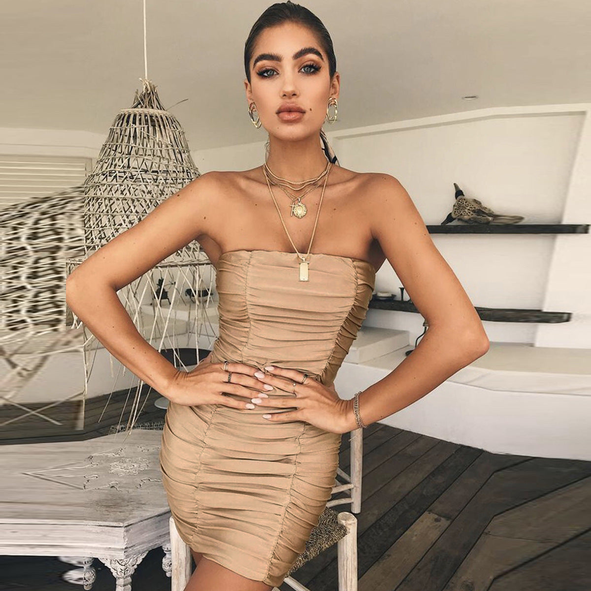 Sexy Strapless Mini Party Dresses-Khaki-S-Free Shipping at meselling99