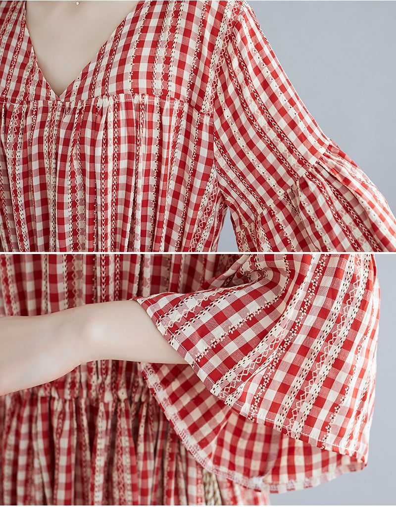 Red Plaid Plus Sizes Summer Midi Dresses-Dresses-Red-One Size-Free Shipping at meselling99