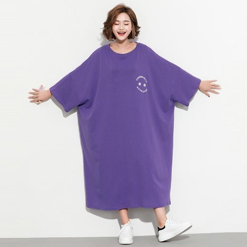 Fashion Plus Sizes Face Print Cozy T Shirt Dresses-Dresses-Purple-One Size-Free Shipping at meselling99