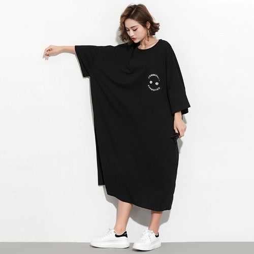 Fashion Plus Sizes Face Print Cozy T Shirt Dresses-Dresses-Black-One Size-Free Shipping at meselling99