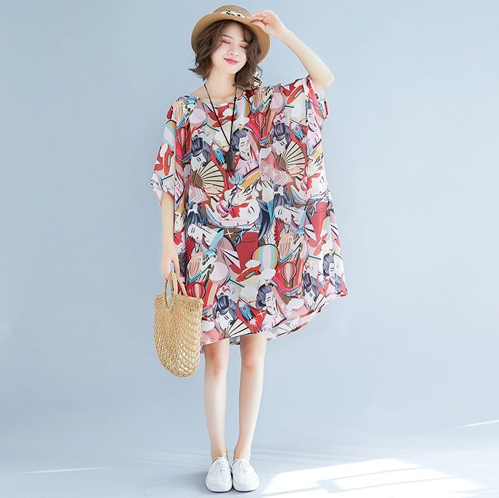 Summer 3D Face Print Chiffon Plus Sizes Short Dresses-Dresses-The same as picture-One Size-Free Shipping at meselling99