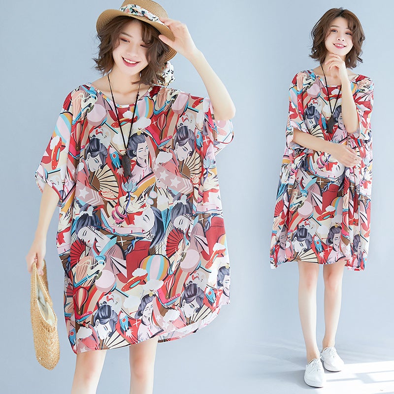Summer 3D Face Print Chiffon Plus Sizes Short Dresses-Dresses-The same as picture-One Size-Free Shipping at meselling99
