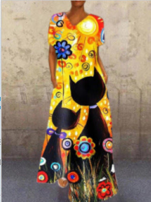 Vintage-Inspired Cat Print V-Neck Maxi Dress – Retro Floral Long Dress