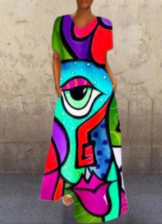 Vintage-Inspired Cat Print V-Neck Maxi Dress – Retro Floral Long Dress