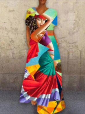 Vintage-Inspired Cat Print V-Neck Maxi Dress – Retro Floral Long Dress
