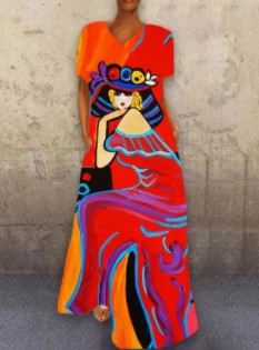 Vintage-Inspired Cat Print V-Neck Maxi Dress – Retro Floral Long Dress