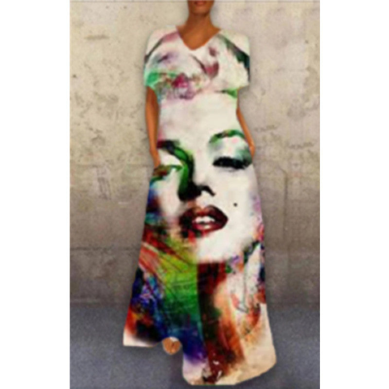 Vintage-Inspired Cat Print V-Neck Maxi Dress – Retro Floral Long Dress