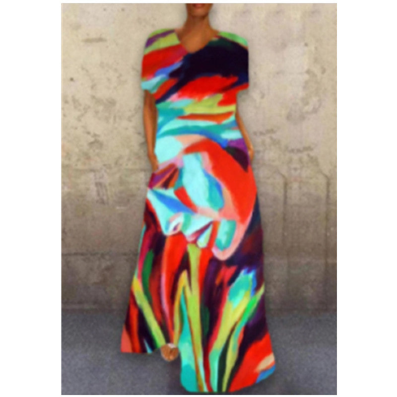 Vintage-Inspired Cat Print V-Neck Maxi Dress – Retro Floral Long Dress