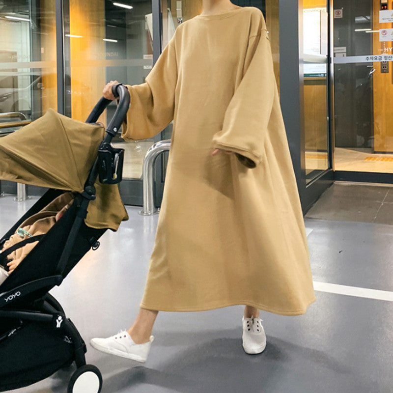 Casual Loose Pullover Long Hoodies Dresses-Cozy Dresses-Khaki-S-Free Shipping at meselling99
