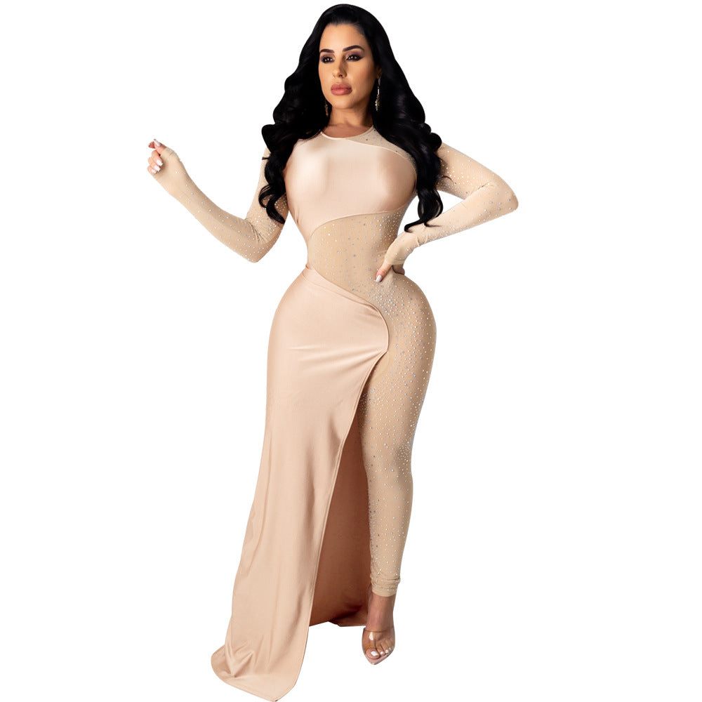 Sexy See Through Rhinestone Night Club Suits-Sexy Party Dresses-Apricot-S-Free Shipping at meselling99