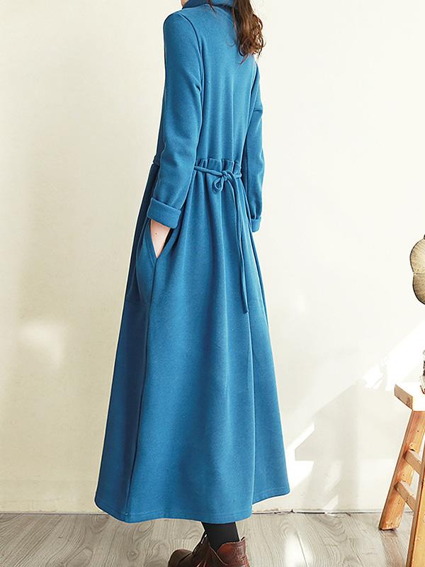 Meselling99 Vintage Solid Color Split-Joint Loose High-Neck Midi Dress-Midi Dress-Free Shipping at meselling99