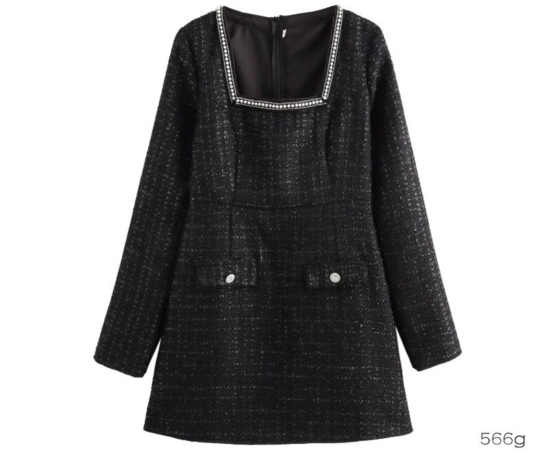 Elegant Velvet Fitted Diamond-Embellished Long-Sleeve Short Hemline Dress