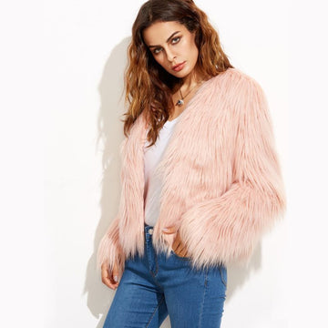 Women Long Sleeve V-Neck Faux Fur Jacket