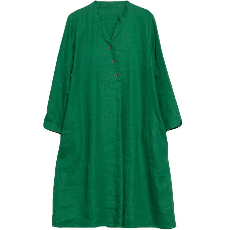 Vintage Linen Women V Neck Long Shirt Dresses-Dresses-Free Shipping at meselling99