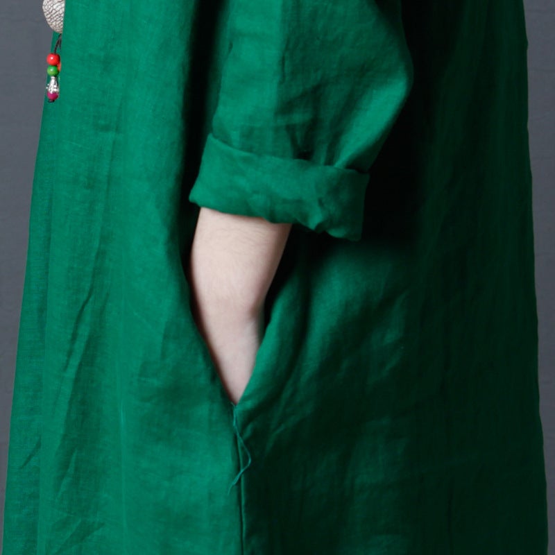 Vintage Linen Women V Neck Long Shirt Dresses-Dresses-Free Shipping at meselling99