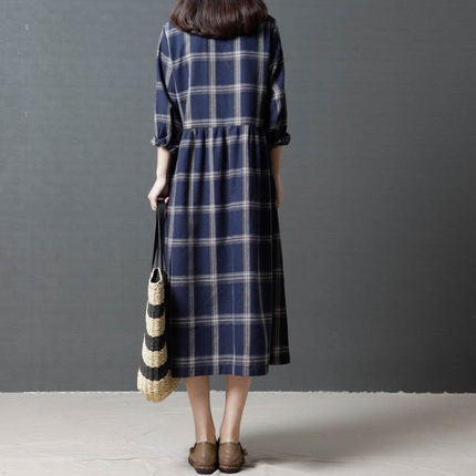 Vintage Linen Plaid Women Plus Sizes Long Dresses-Dresses-Free Shipping at meselling99
