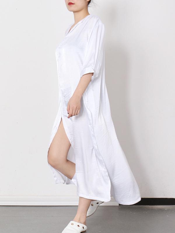 Meselling99 Soft White Lapel Split-Side Long Dress-Maxi Dress-WHITE-FREE SIZE-Free Shipping at meselling99