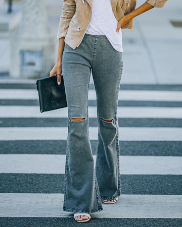 Road Trip Distressed Bell Bottom Denim Pants - Light Charcoal