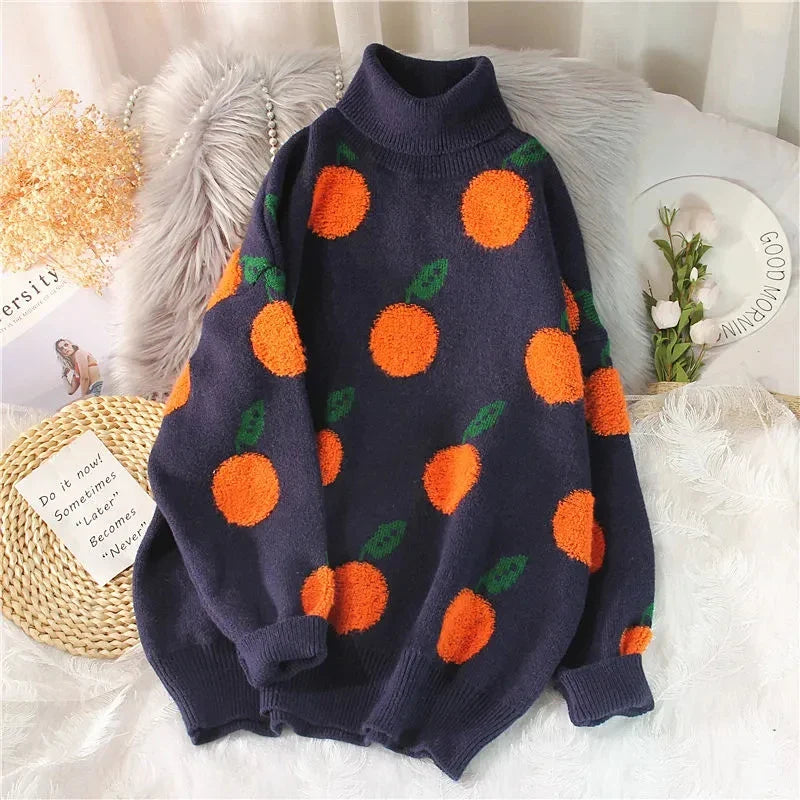 Women's Winter Orange High Neck Sweater