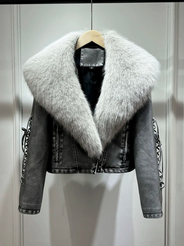 Women Vintage Loose Washed Faux Leather Short Zipper Jacket Coats