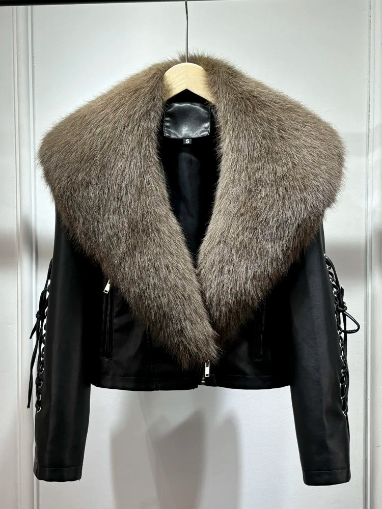 Women Vintage Loose Washed Faux Leather Short Zipper Jacket Coats