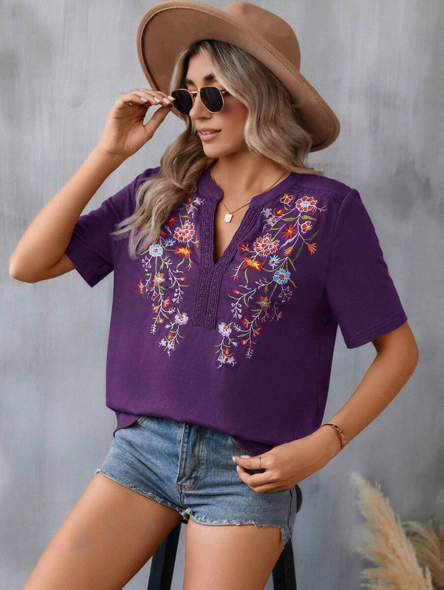 Summer Fashion Embroidered Lace Trim Top – Elegant Floral Detailing