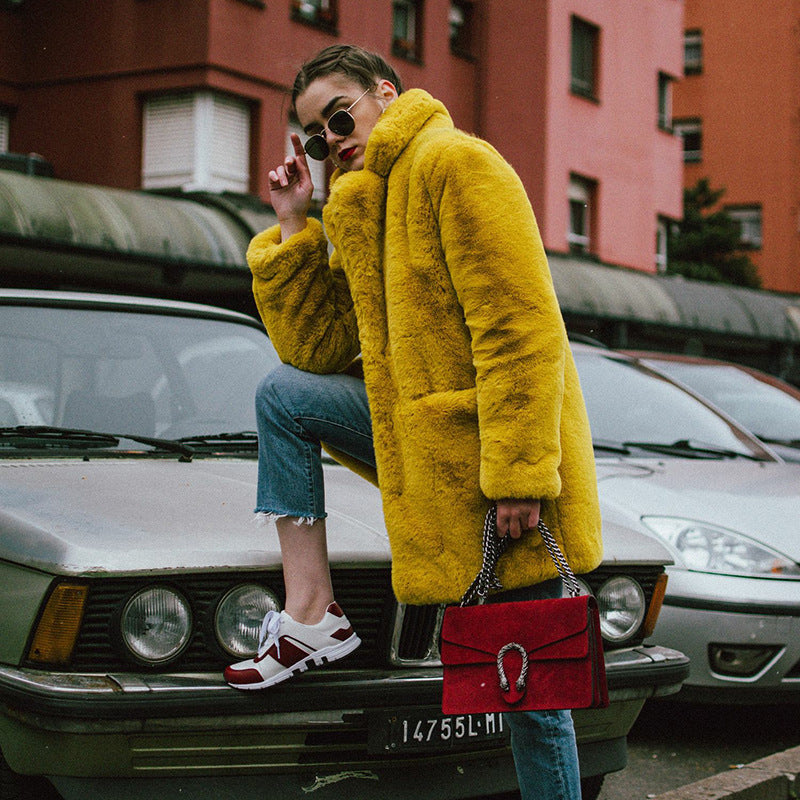 Luxury Faux Fur Coat – Winter Warm Thick Plush Oversized Jacket with Lapel Collar