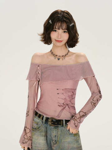 Girlyhalo Retro Vintage Print Off-Shoulder Long Sleeve T-Shirt