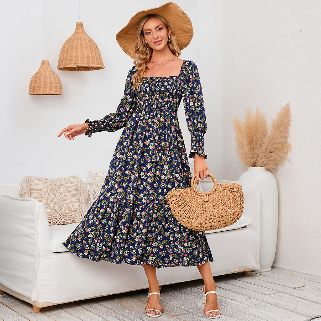 Women's Floral Print Square Neck Chiffon Dress
