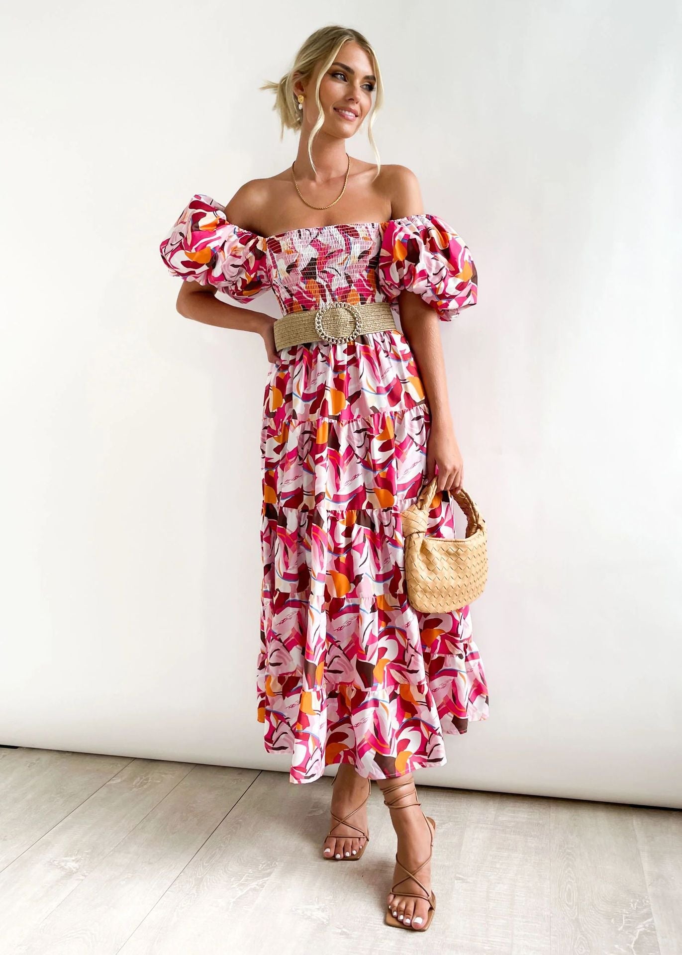 Flutter Sleeve High Waist Off-Shoulder Print Dress