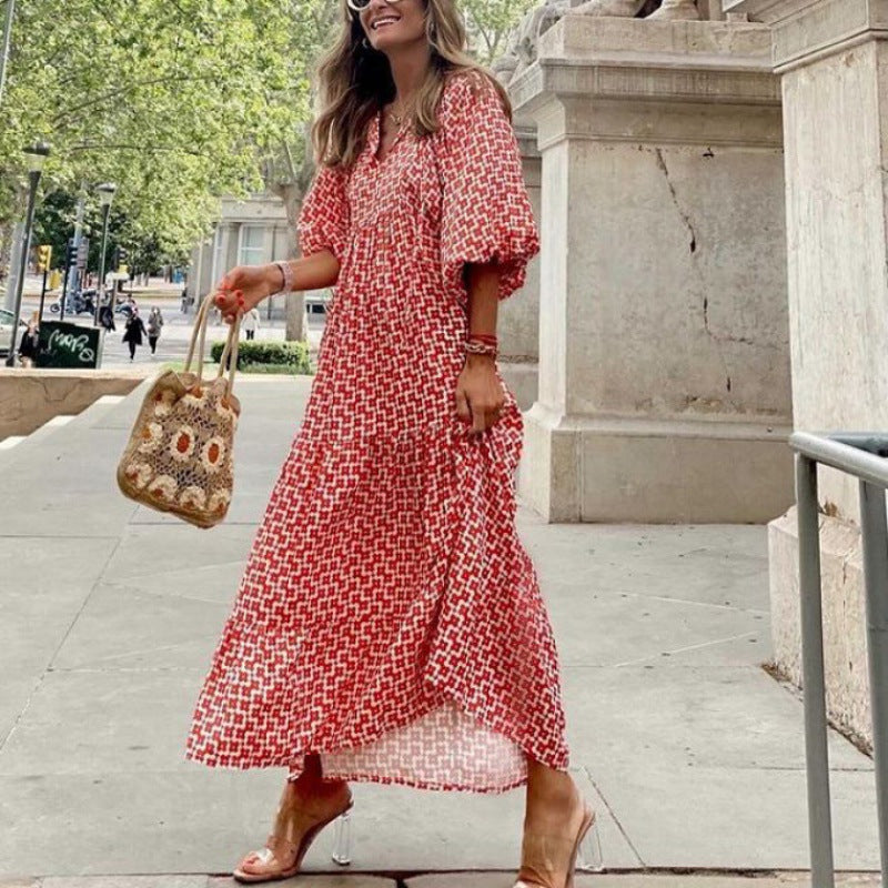 Plus Size Boho Print Dress with Puff Sleeves