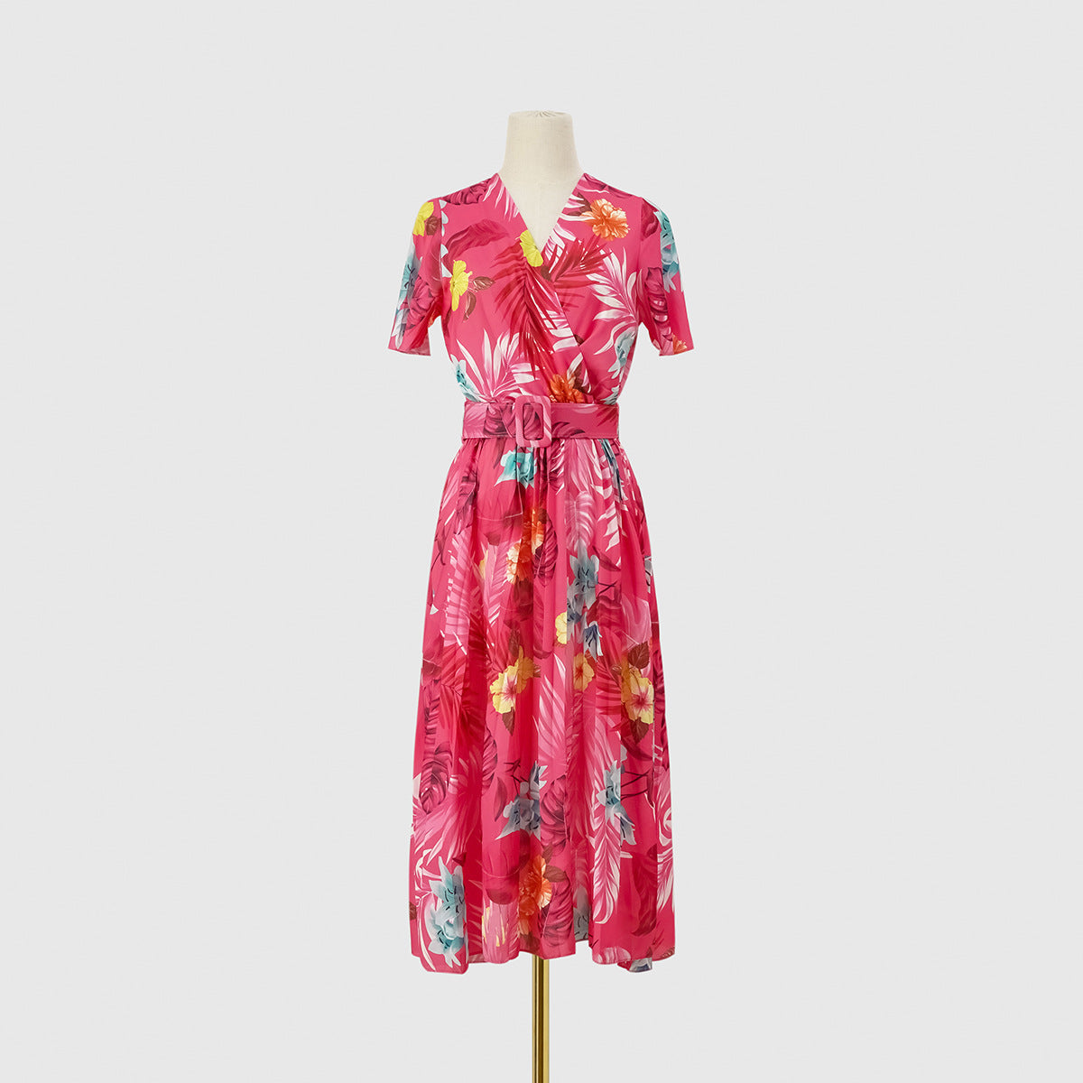 Summer Floral Print Crinkle Midi Short Sleeve Dress
