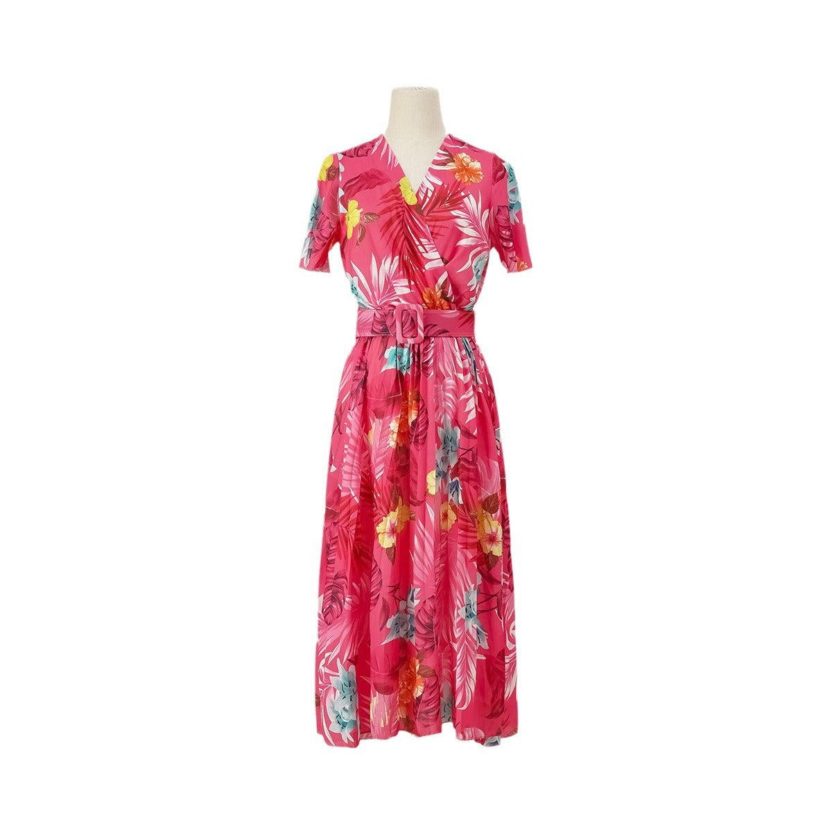 Summer Floral Print Crinkle Midi Short Sleeve Dress