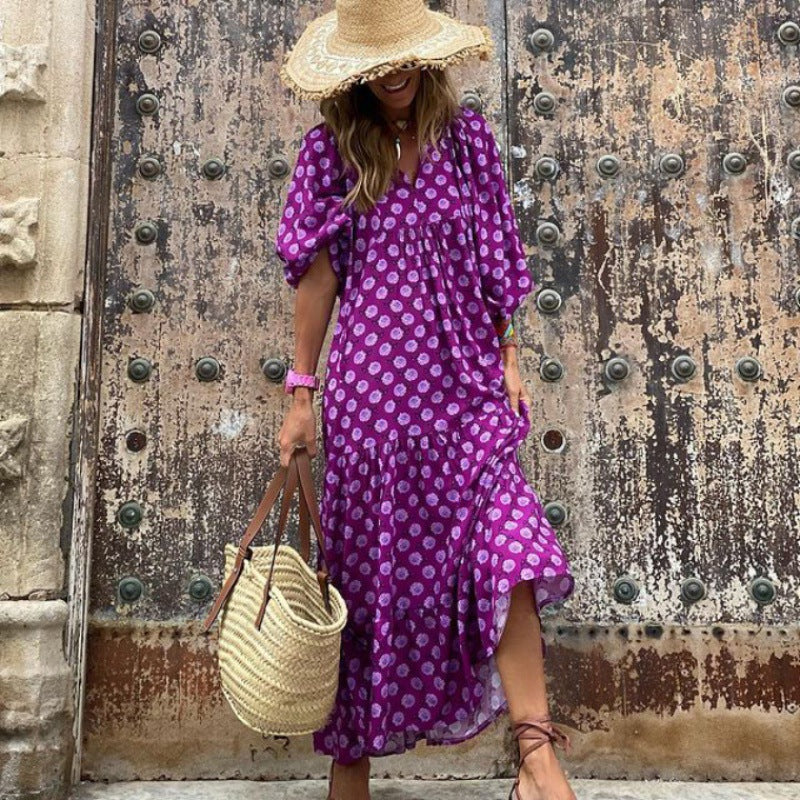 Plus Size Boho Print Dress with Puff Sleeves