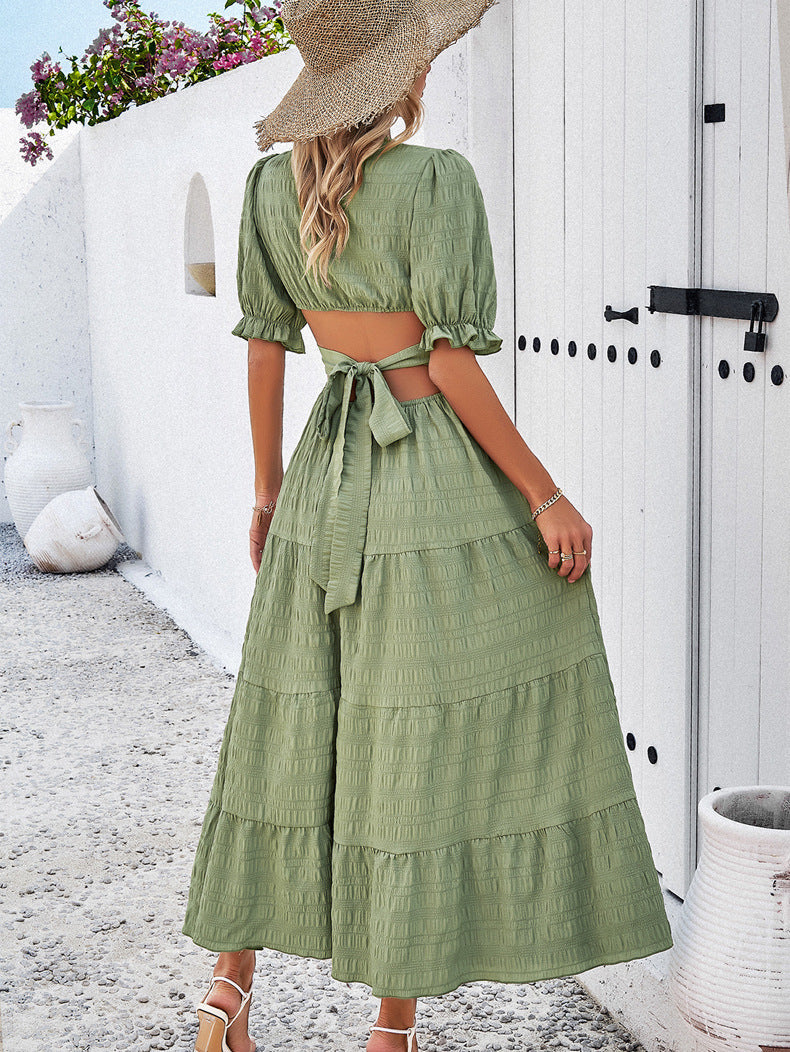 Casual V Neck Short Sleeves Long Dresses