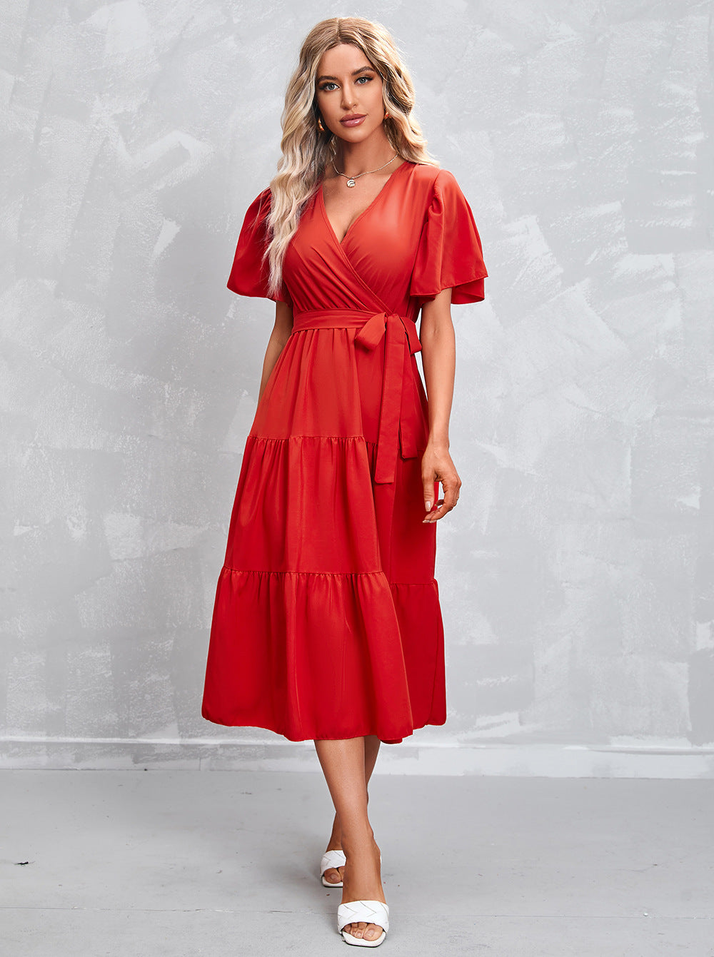 Women's Summer Solid Color V-Neck Short Sleeve Dress