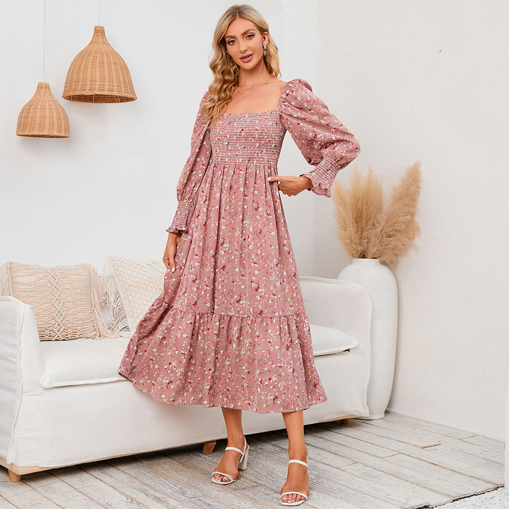 Women's Floral Print Square Neck Chiffon Dress