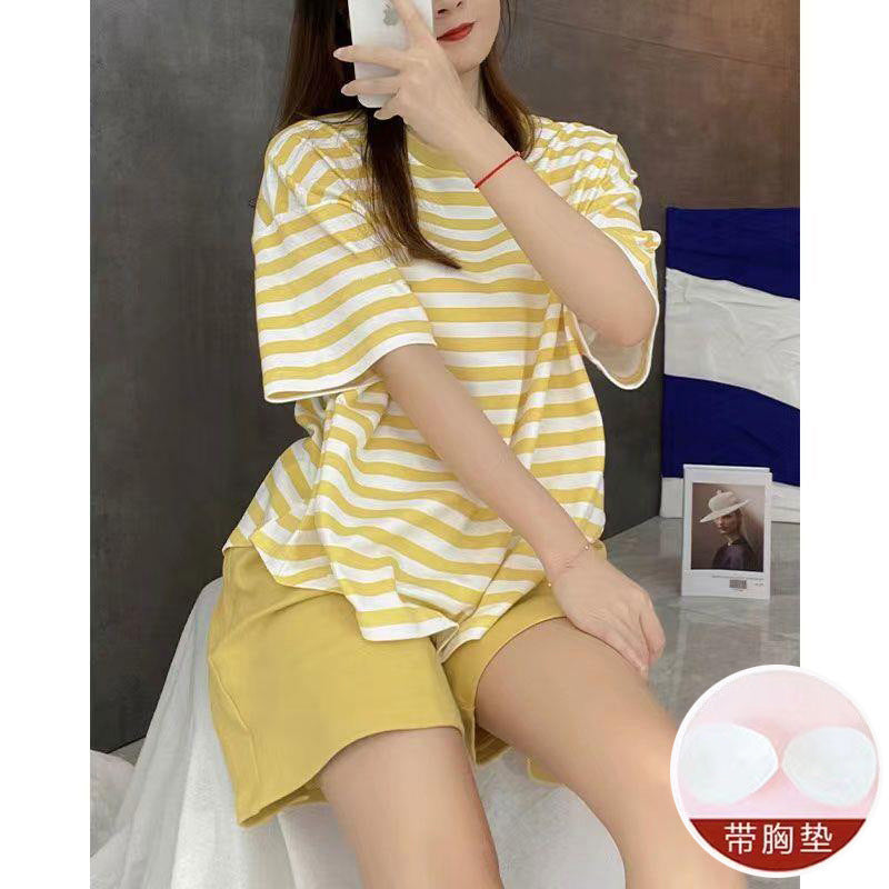 Casual Striped Summer Short Sleeves Shirts & Shorts Homewear