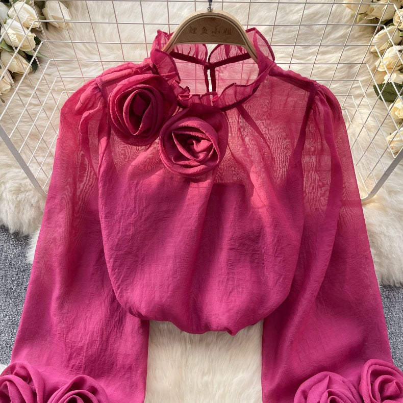 Designed 3D Flowers Chiffon Long Sleeves Shirts