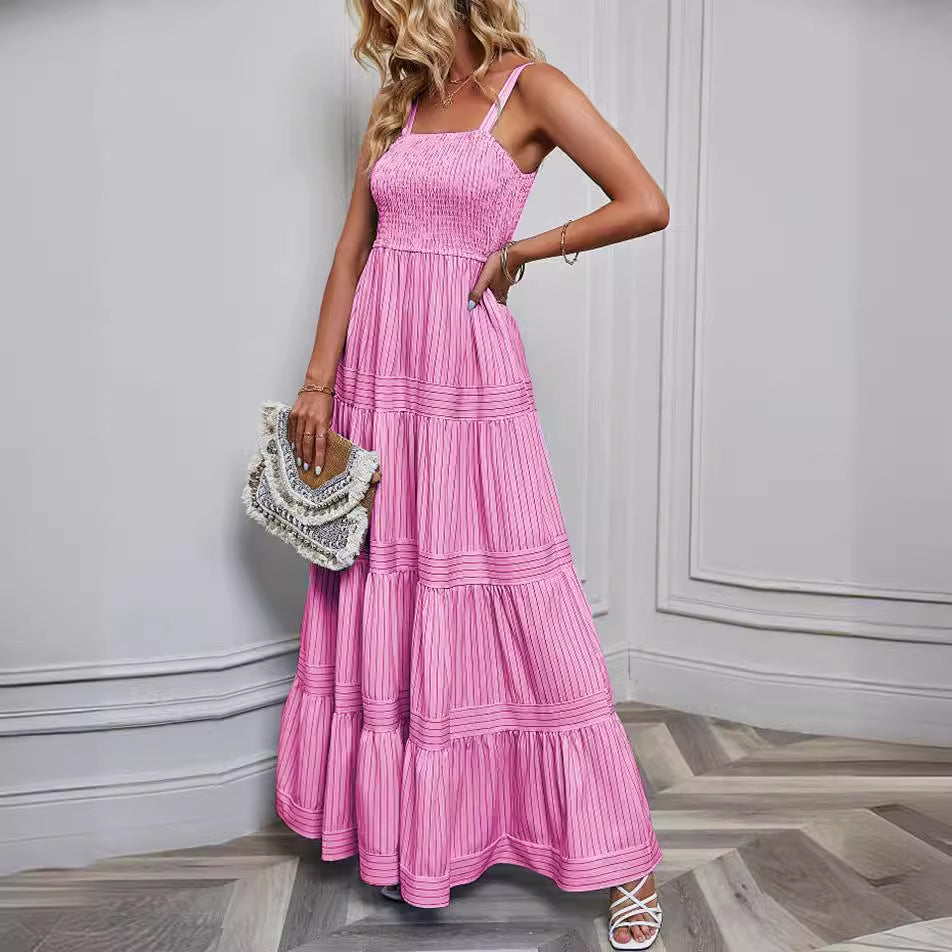 Women's Striped Vacation Dress with Sleeveless Design