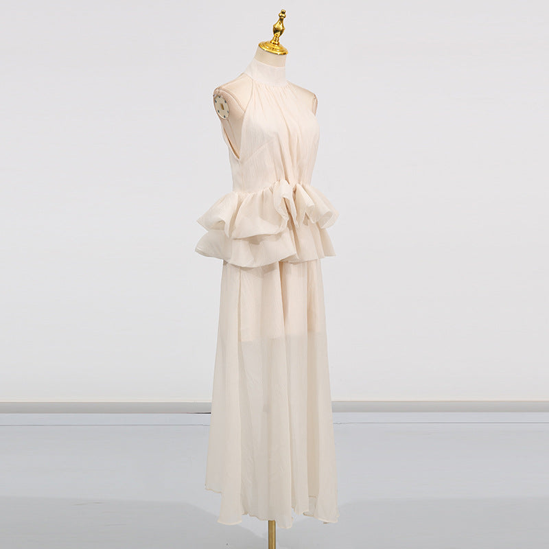 Elegant High-Neck Sleeveless Summer Dress with Waist Ruffle Detail