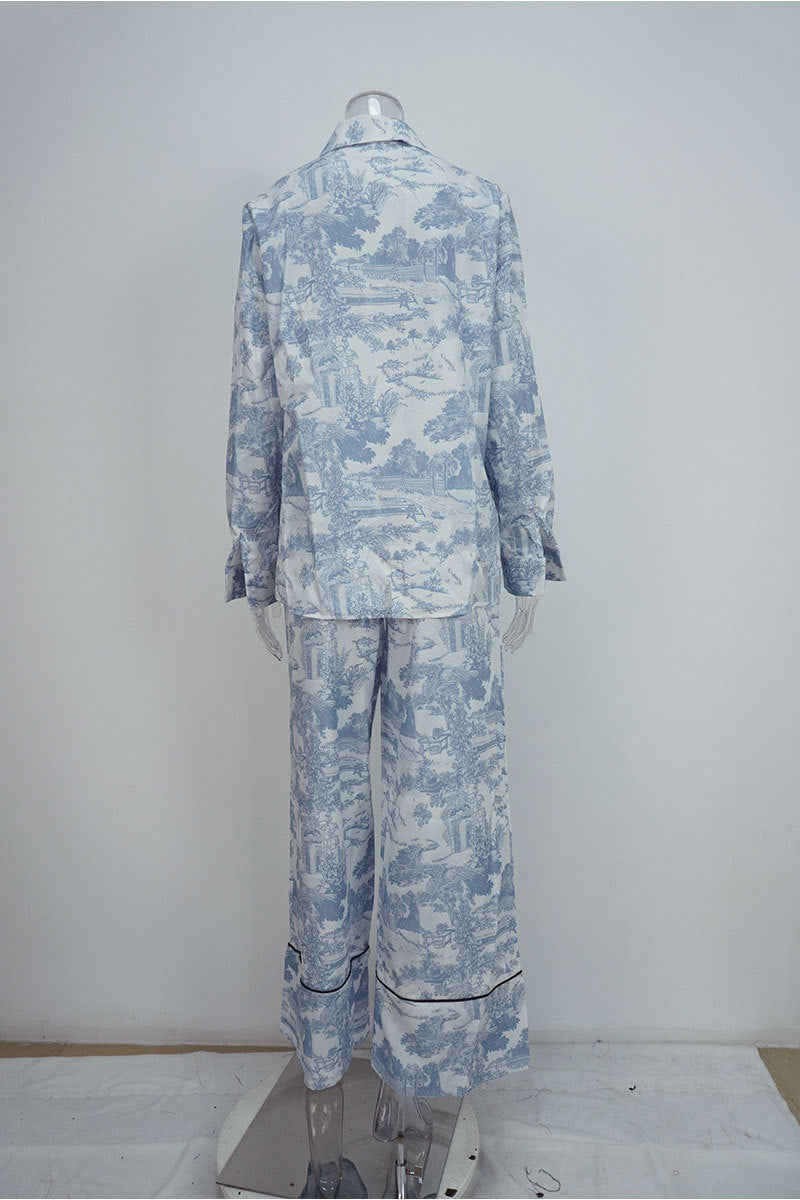 Printed Stand Collar Batwing Sleeve Loose Top with High-Waisted Wide-Leg Pant